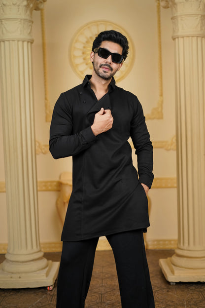 STRETCH SIDE OPEN KURTA BLACK WITH PANTS