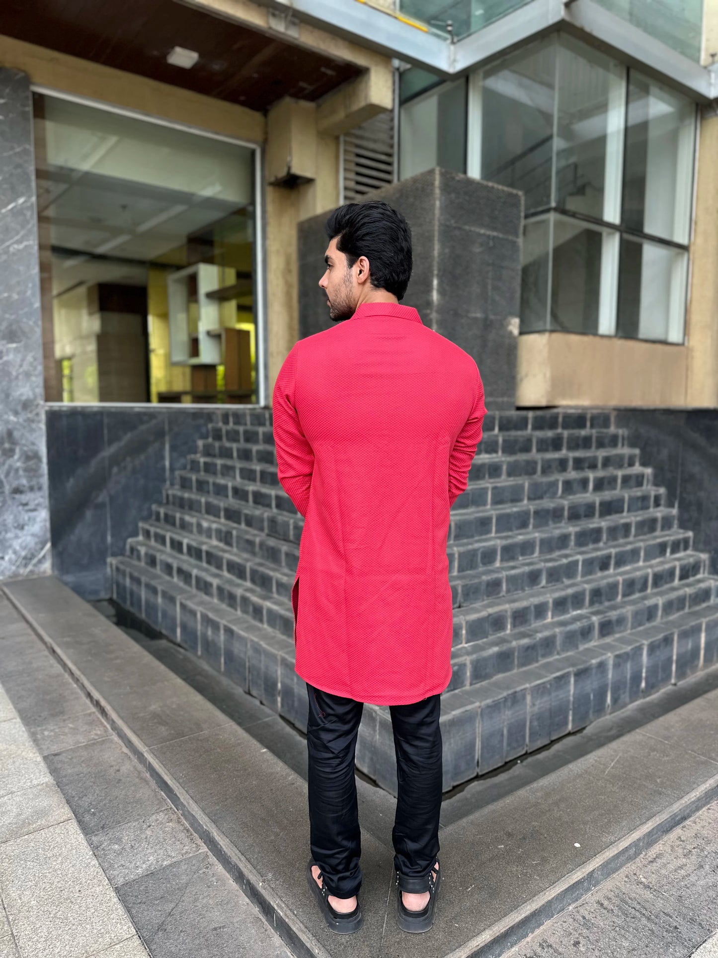 RED OPEN NECK KURTA