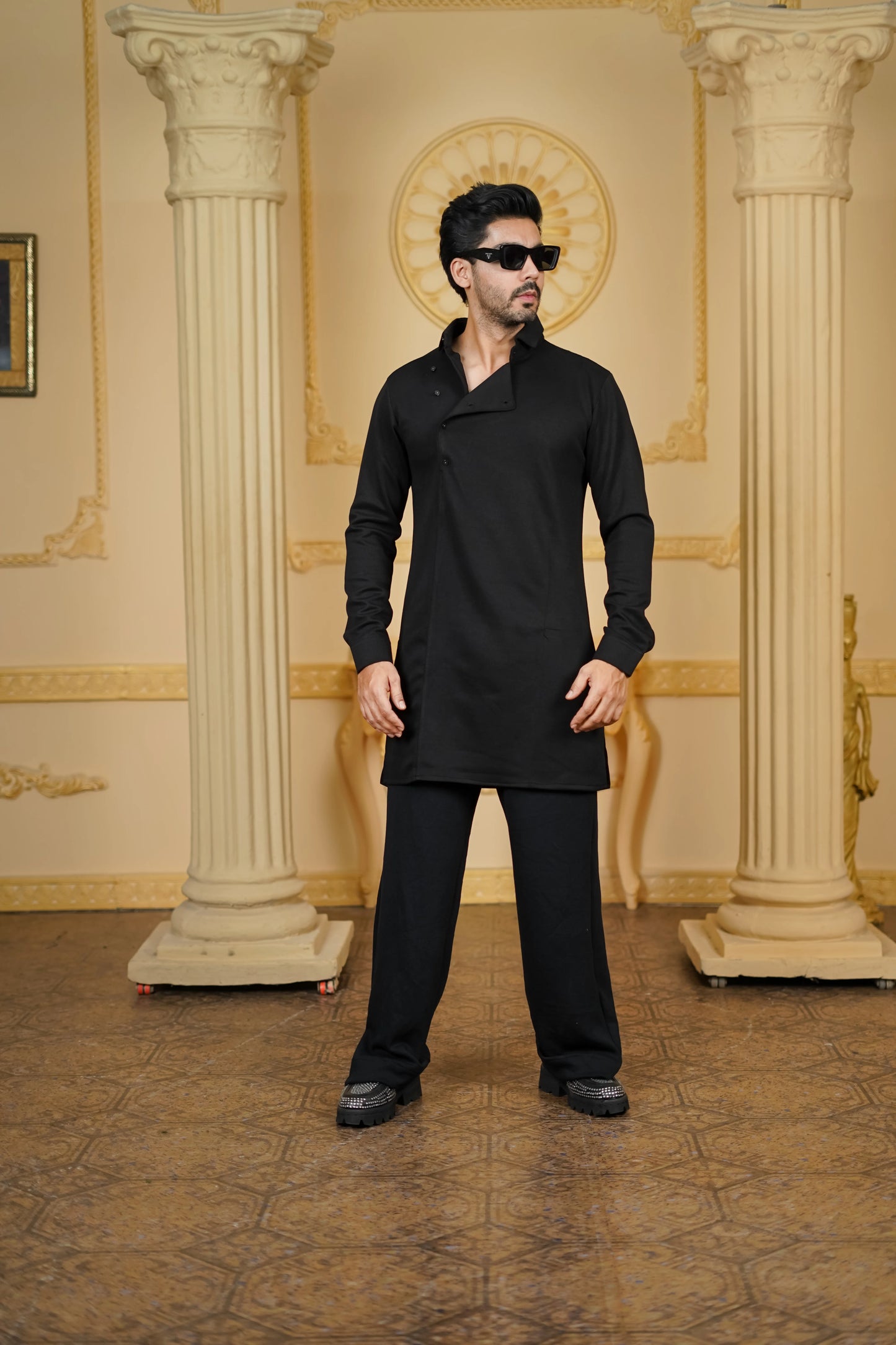 STRETCH SIDE OPEN KURTA BLACK WITH PANTS