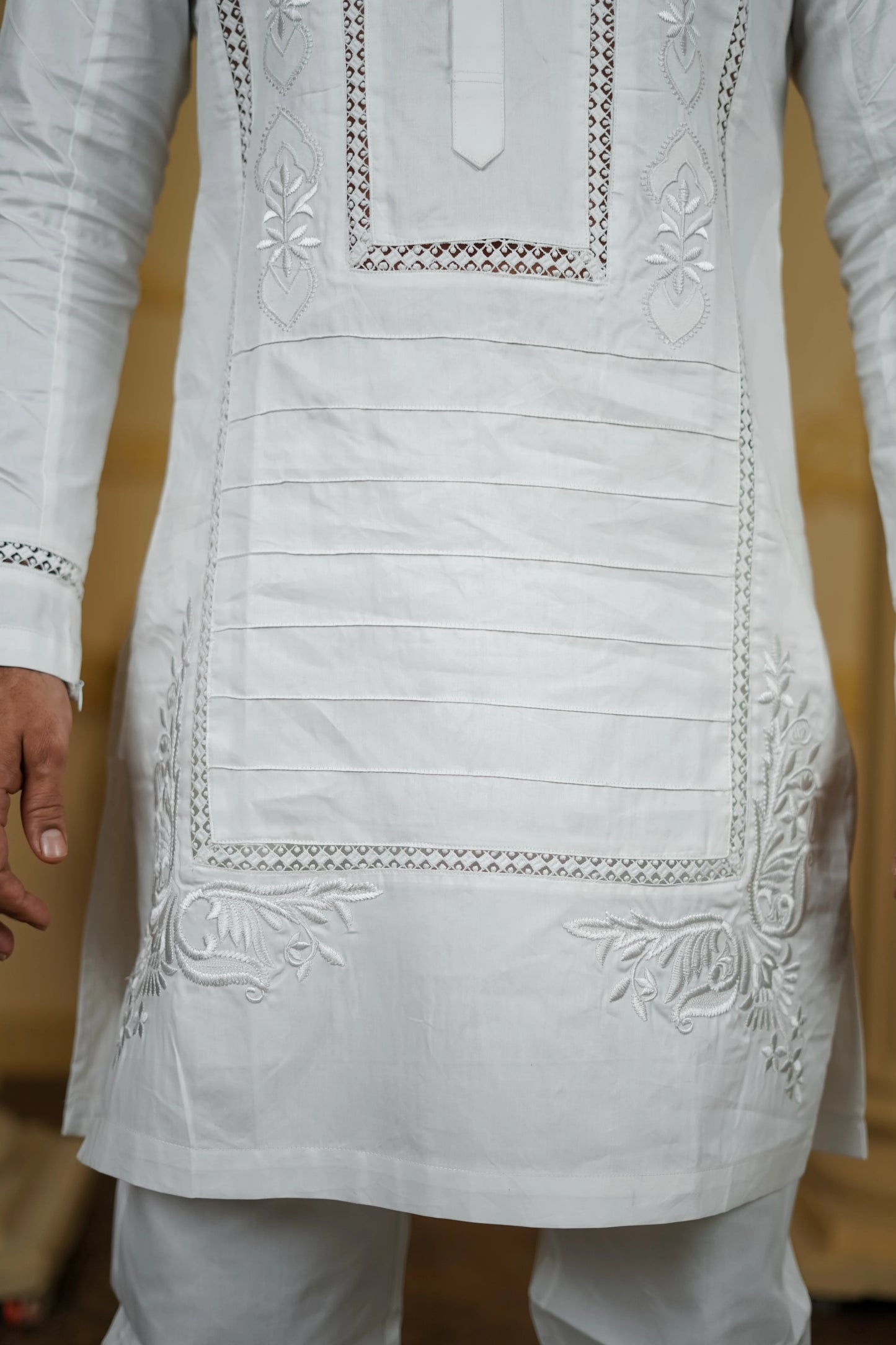 APLIQ SELF WHITE EMBROIDERED JOINT KURTA WITH PANTS