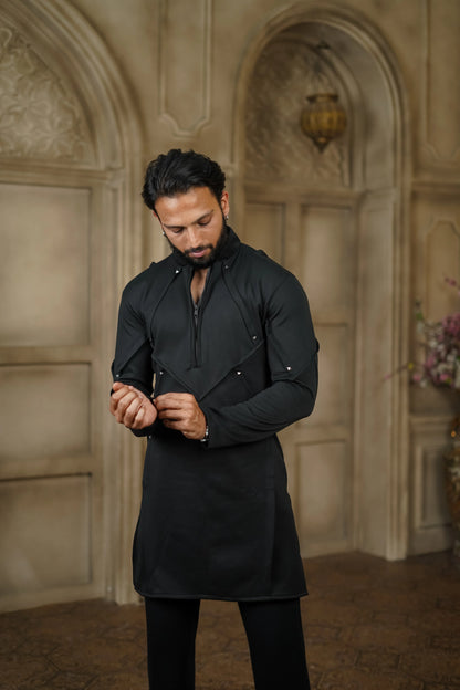 STRETCH PLETE AND STUDDED KURTA WITH PANTS