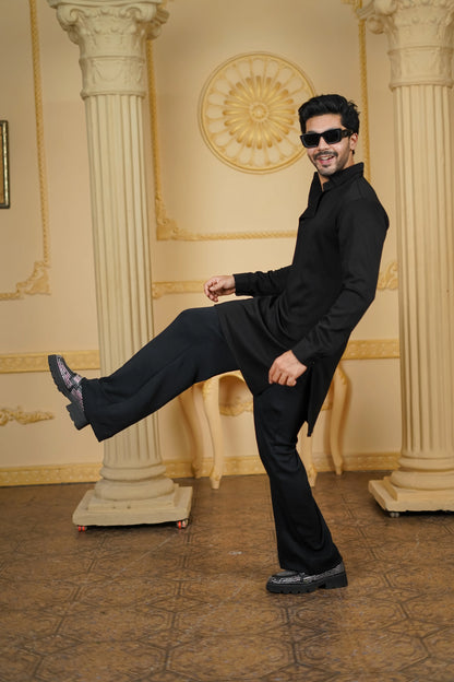 STRETCH SIDE OPEN KURTA BLACK WITH PANTS