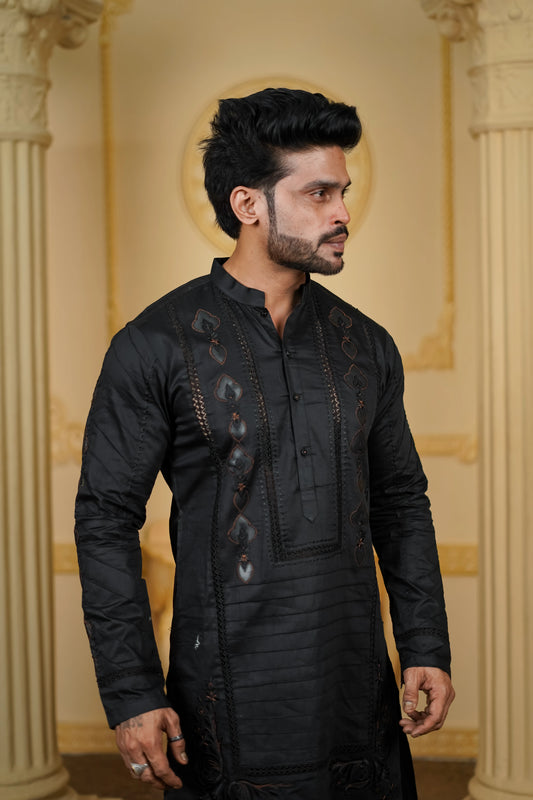 LEATHER APLIQ CONTRAST EMBROIDERED JOINT KURTA WITH PANTS