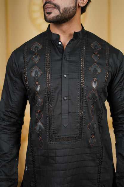 LEATHER APLIQ CONTRAST EMBROIDERED JOINT KURTA WITH PANTS