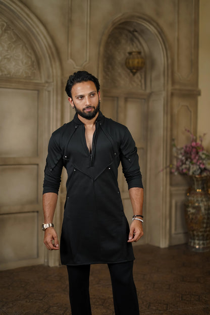 STRETCH PLETE AND STUDDED KURTA WITH PANTS