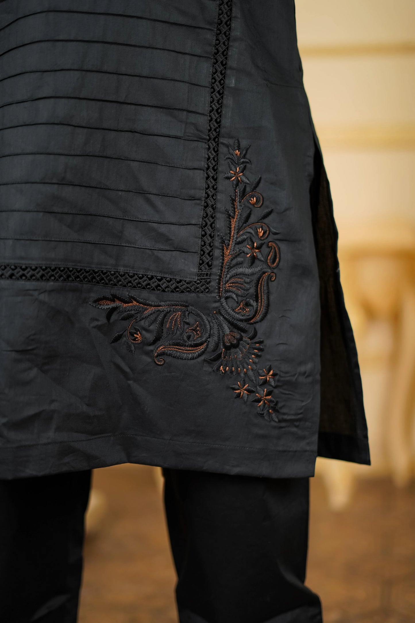 LEATHER APLIQ CONTRAST EMBROIDERED JOINT KURTA WITH PANTS