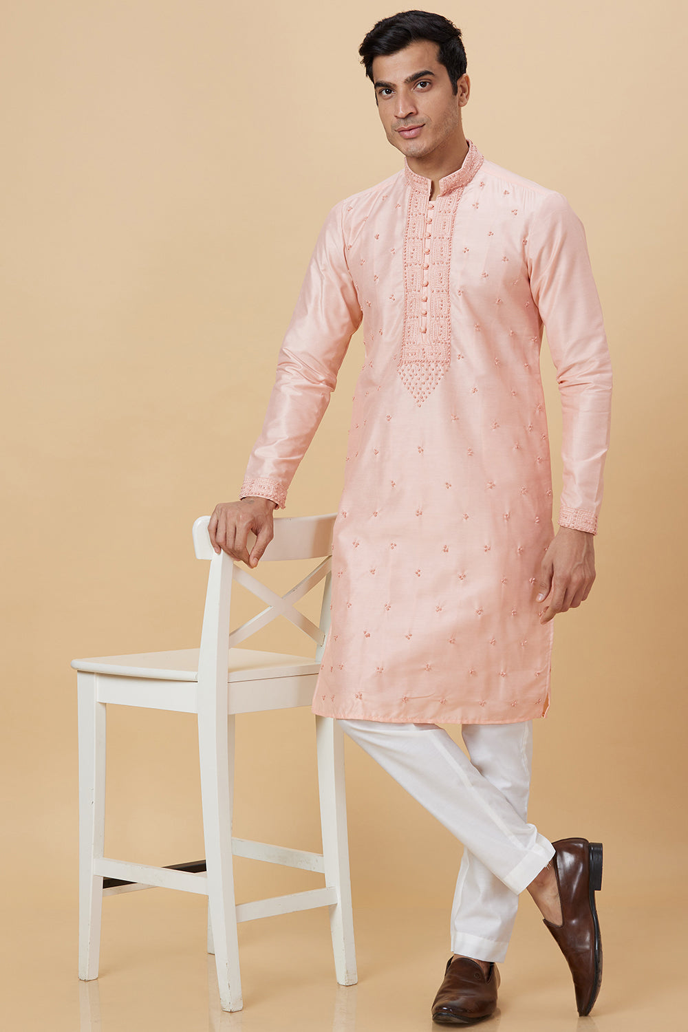 PEACH KURTA WITH FRENCH KNOT HAND EMBROIDERY
