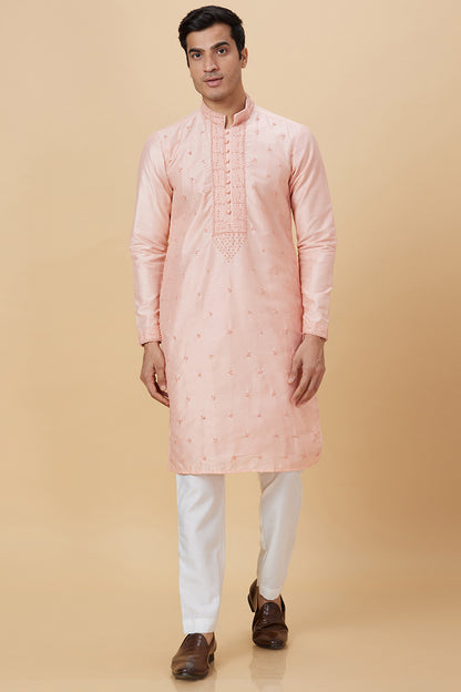PEACH KURTA WITH FRENCH KNOT HAND EMBROIDERY