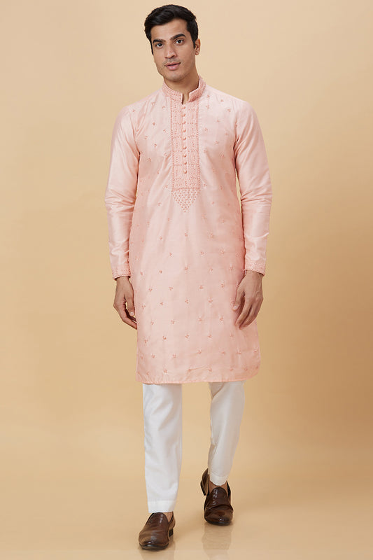 PEACH KURTA WITH FRENCH KNOT HAND EMBROIDERY