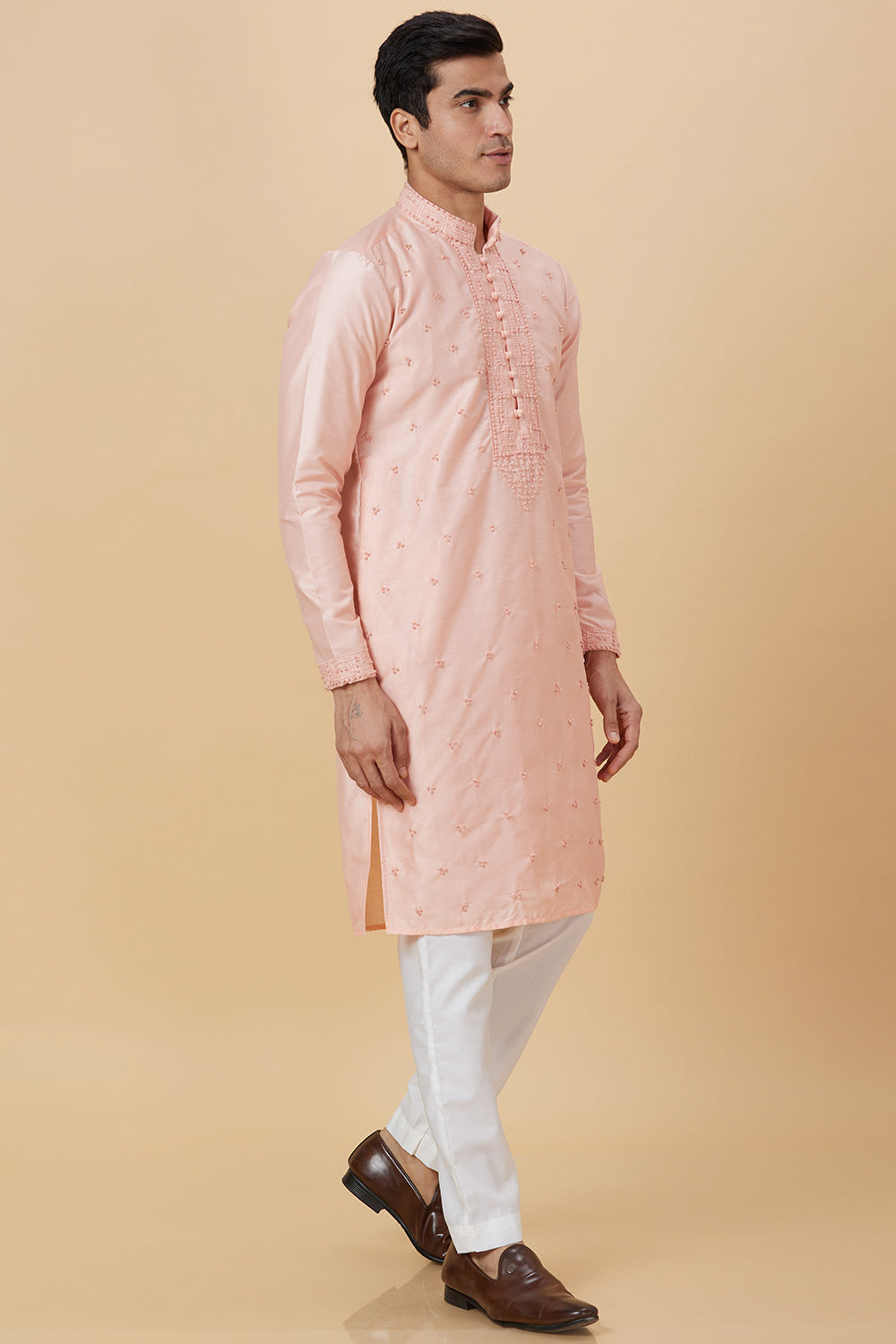 PEACH KURTA WITH FRENCH KNOT HAND EMBROIDERY