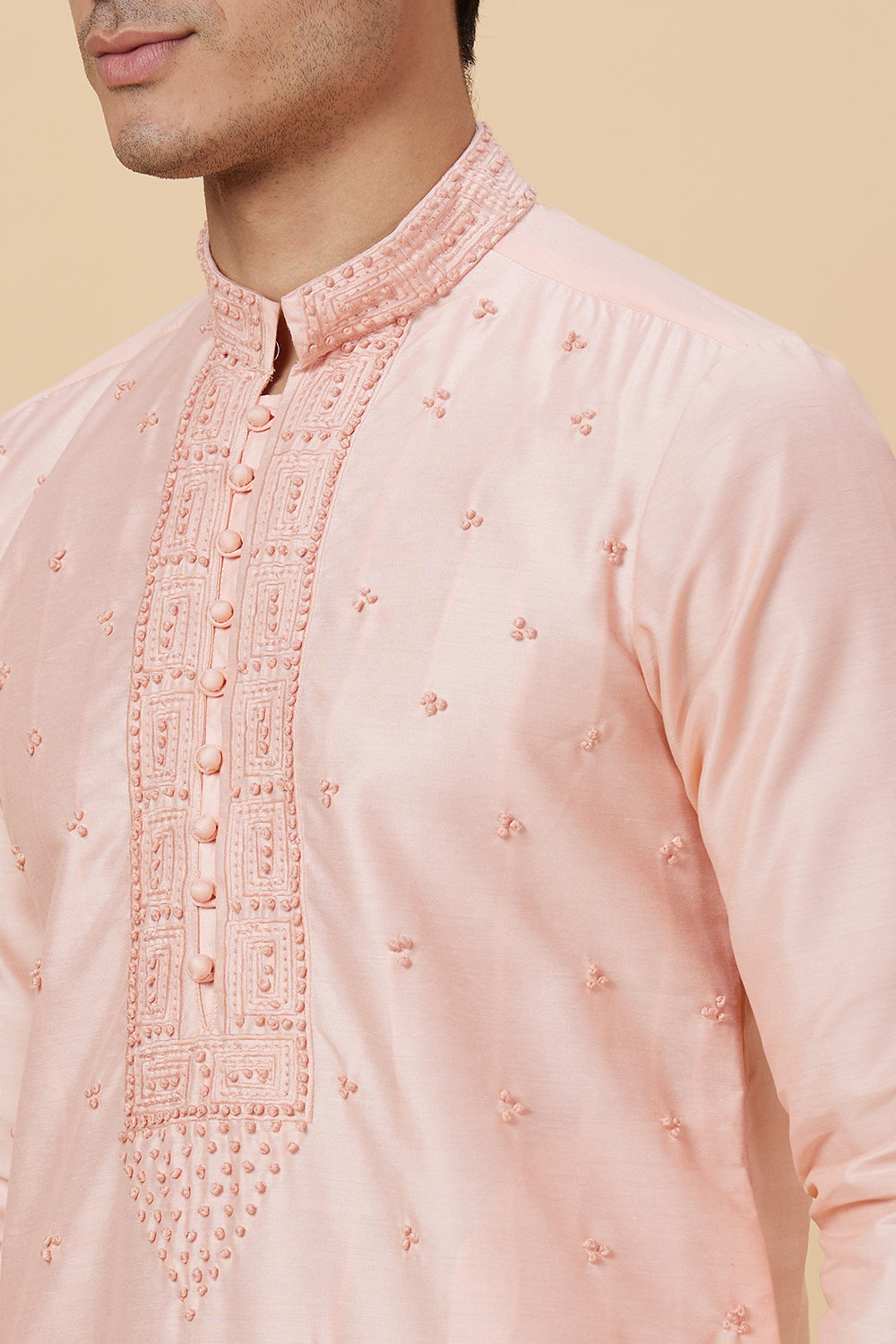 PEACH KURTA WITH FRENCH KNOT HAND EMBROIDERY