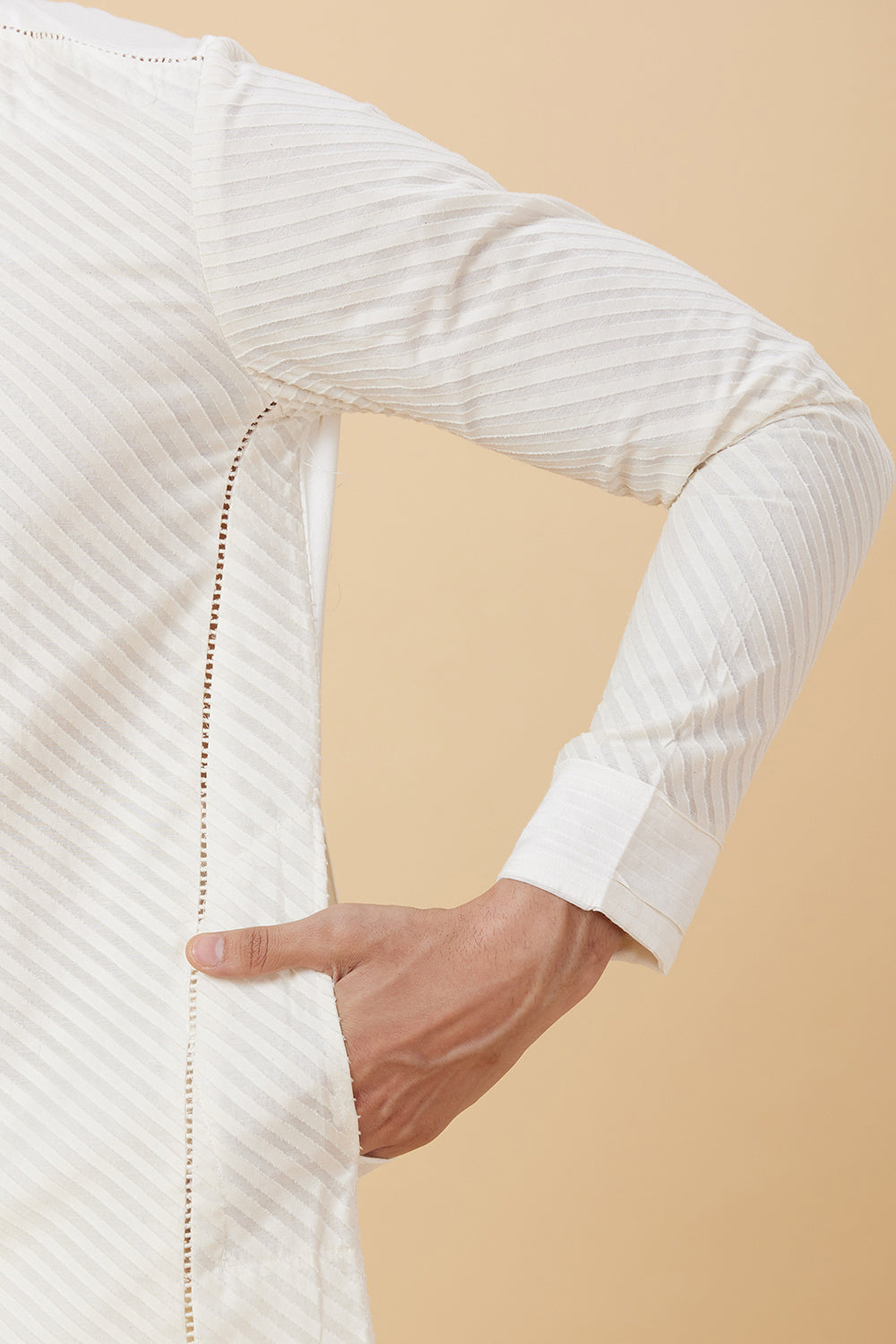 KURTA CREAM SLANT STRIPE WORK