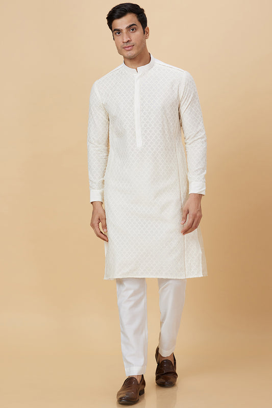 KURTA CREAM NET SELF STAR WORK