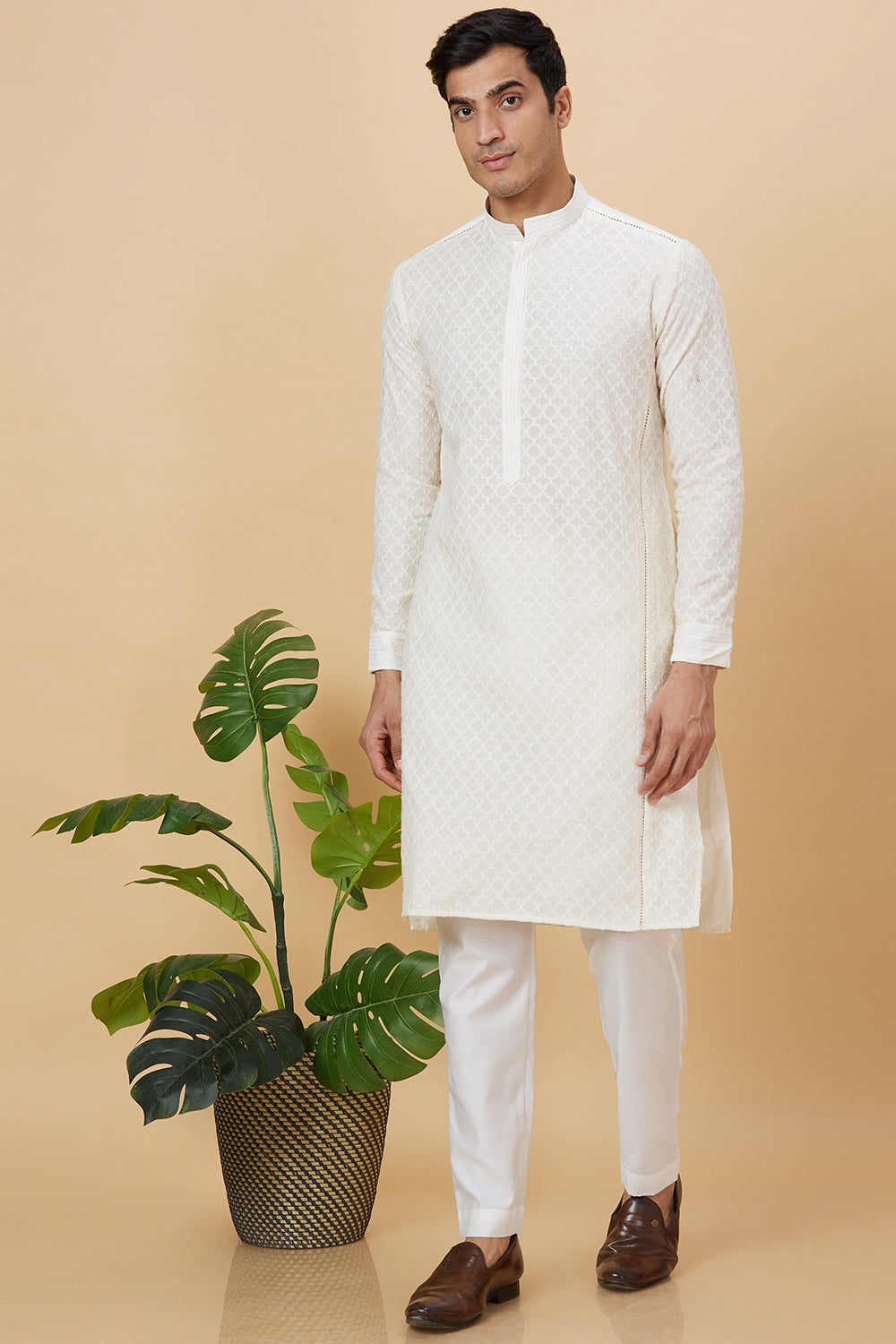 KURTA CREAM NET SELF STAR WORK