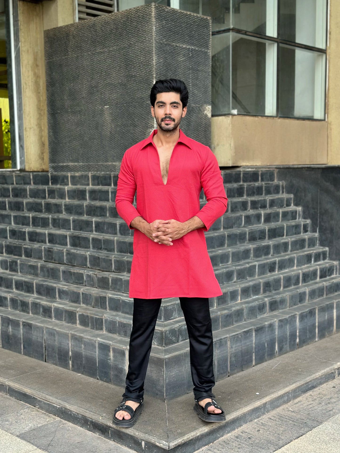 RED OPEN NECK KURTA
