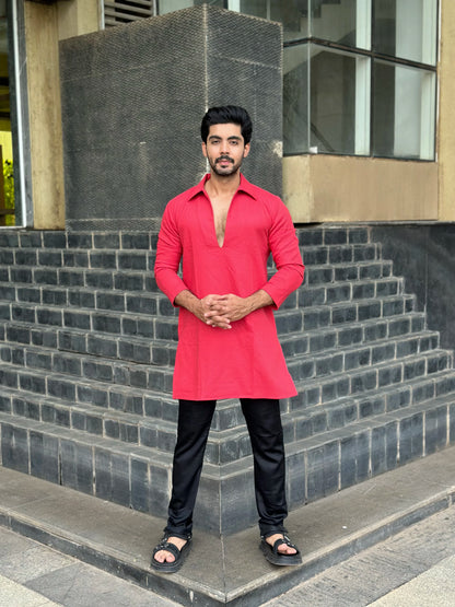 RED OPEN NECK KURTA