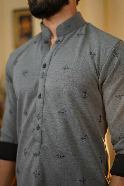 STRETCH BOOTA EMBROIDERED GREY KURTA WITH PANTS