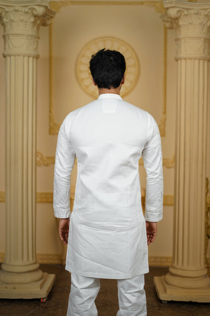 APLIQ SELF WHITE EMBROIDERED JOINT KURTA WITH PANTS