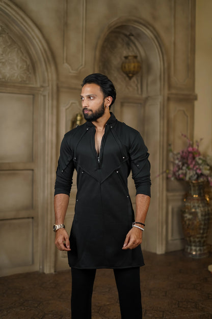STRETCH PLETE AND STUDDED KURTA WITH PANTS