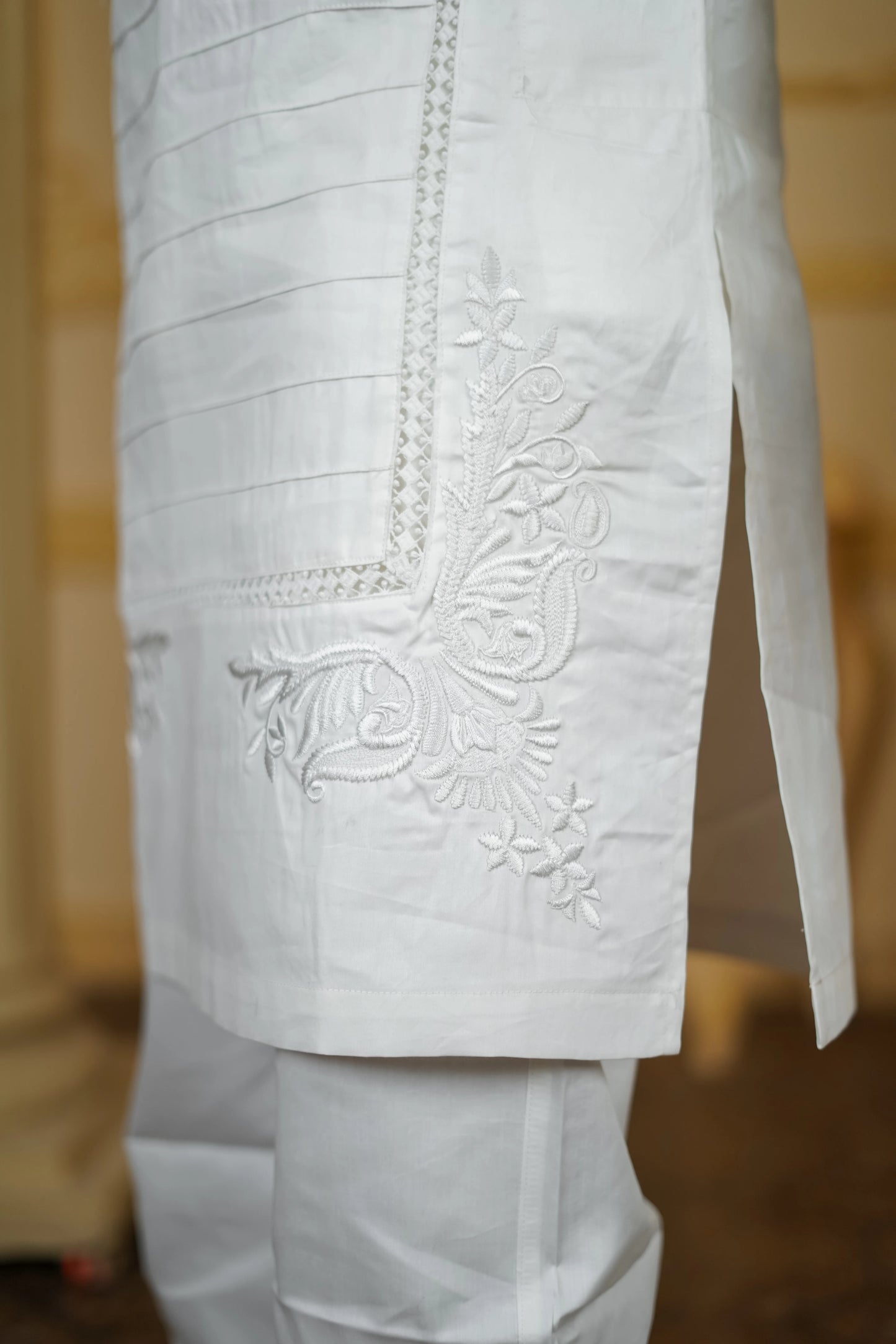 APLIQ SELF WHITE EMBROIDERED JOINT KURTA WITH PANTS