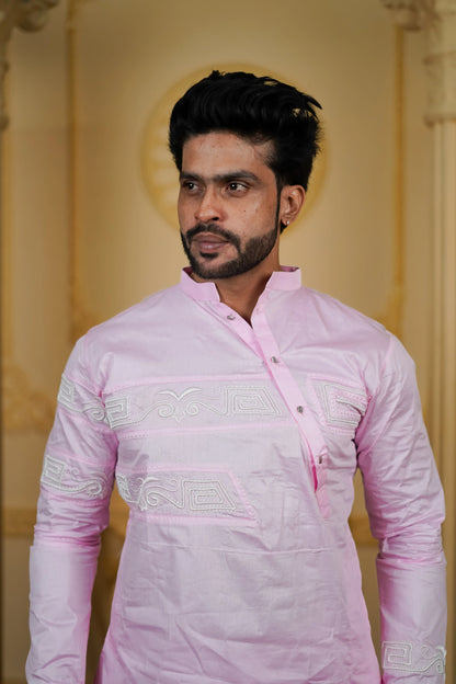 SIDE OPEN 3D EMBROIDERED 100% PINK COTTON KURTA
