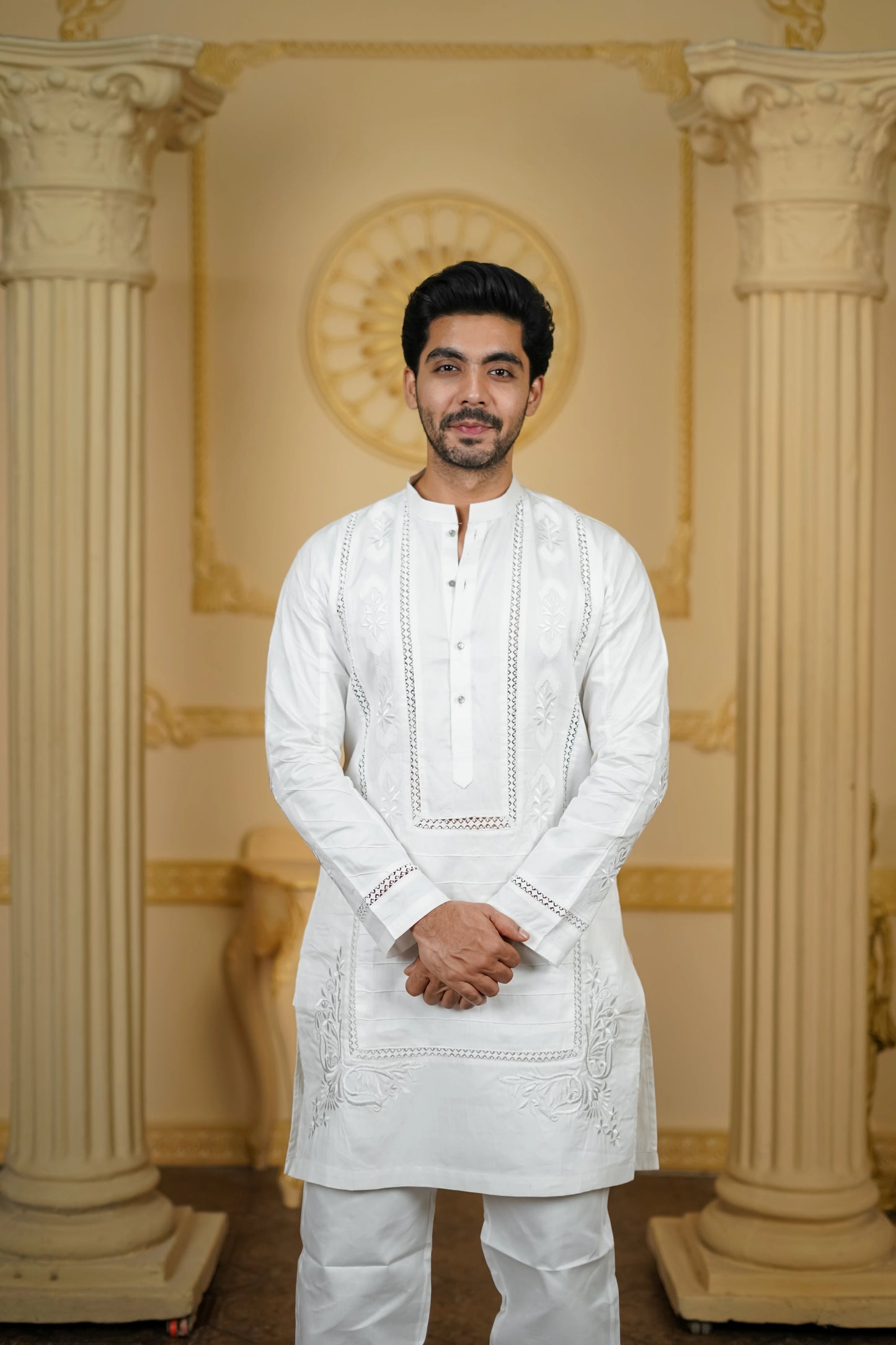 APLIQ SELF WHITE EMBROIDERED JOINT KURTA WITH PANTS