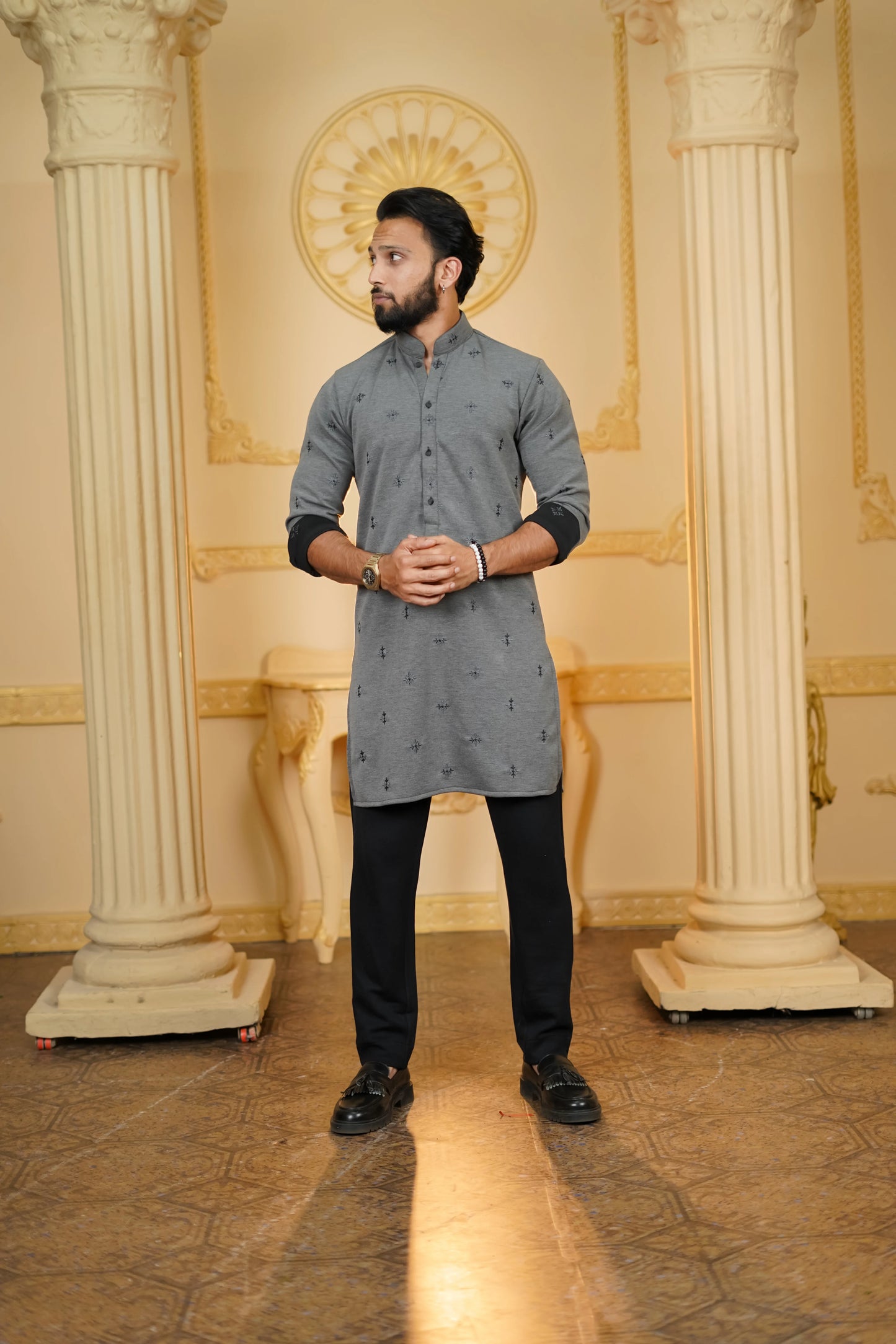 STRETCH BOOTA EMBROIDERED GREY KURTA WITH PANTS