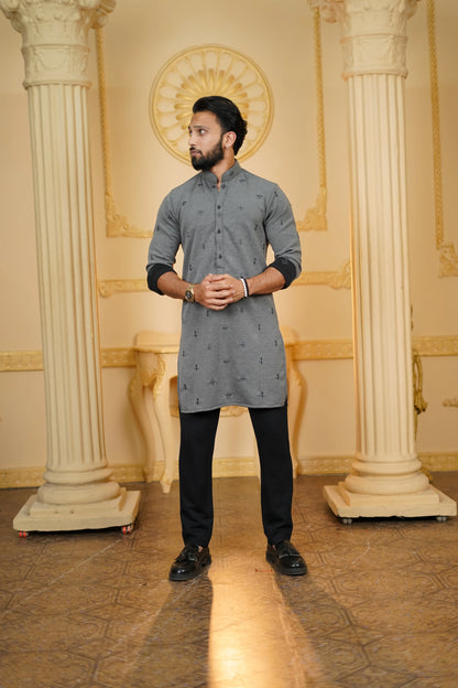 STRETCH BOOTA EMBROIDERED GREY KURTA WITH PANTS