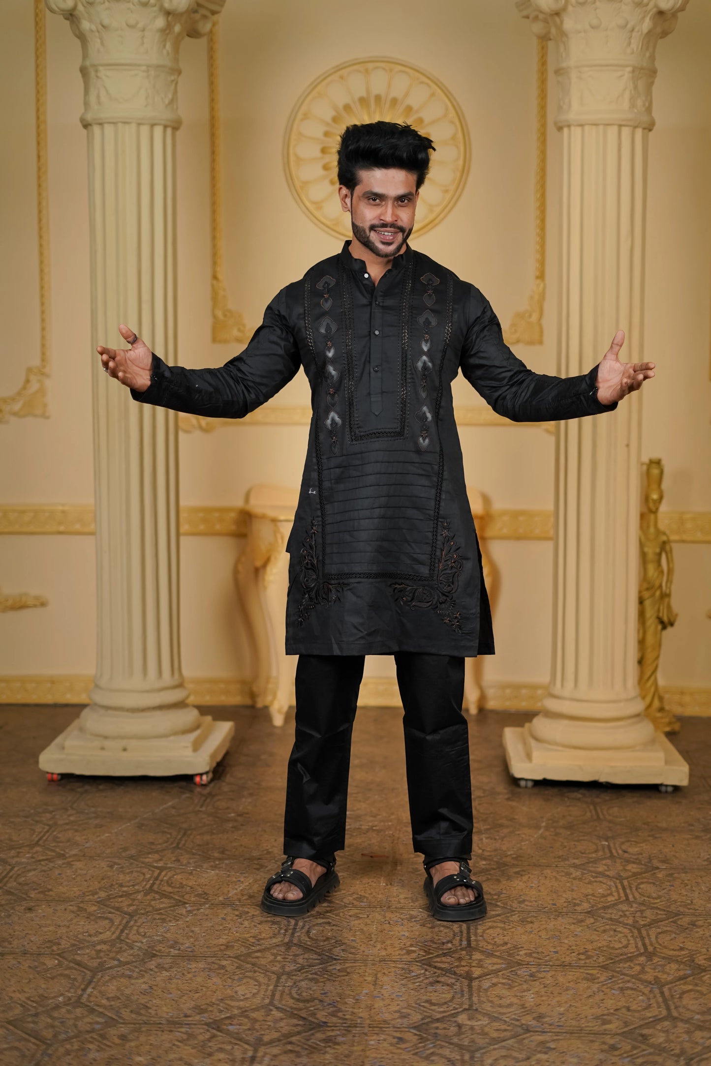 LEATHER APLIQ CONTRAST EMBROIDERED JOINT KURTA WITH PANTS