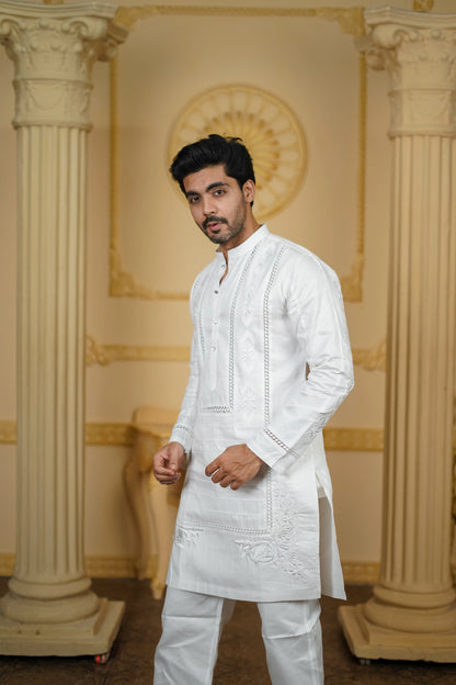 APLIQ SELF WHITE EMBROIDERED JOINT KURTA WITH PANTS