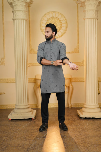 STRETCH BOOTA EMBROIDERED GREY KURTA WITH PANTS
