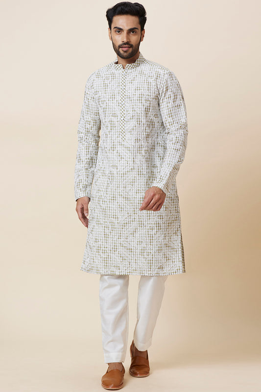 KURTA LINEN GREEN SMALL CHECKS FLORAL EMBROIDERY