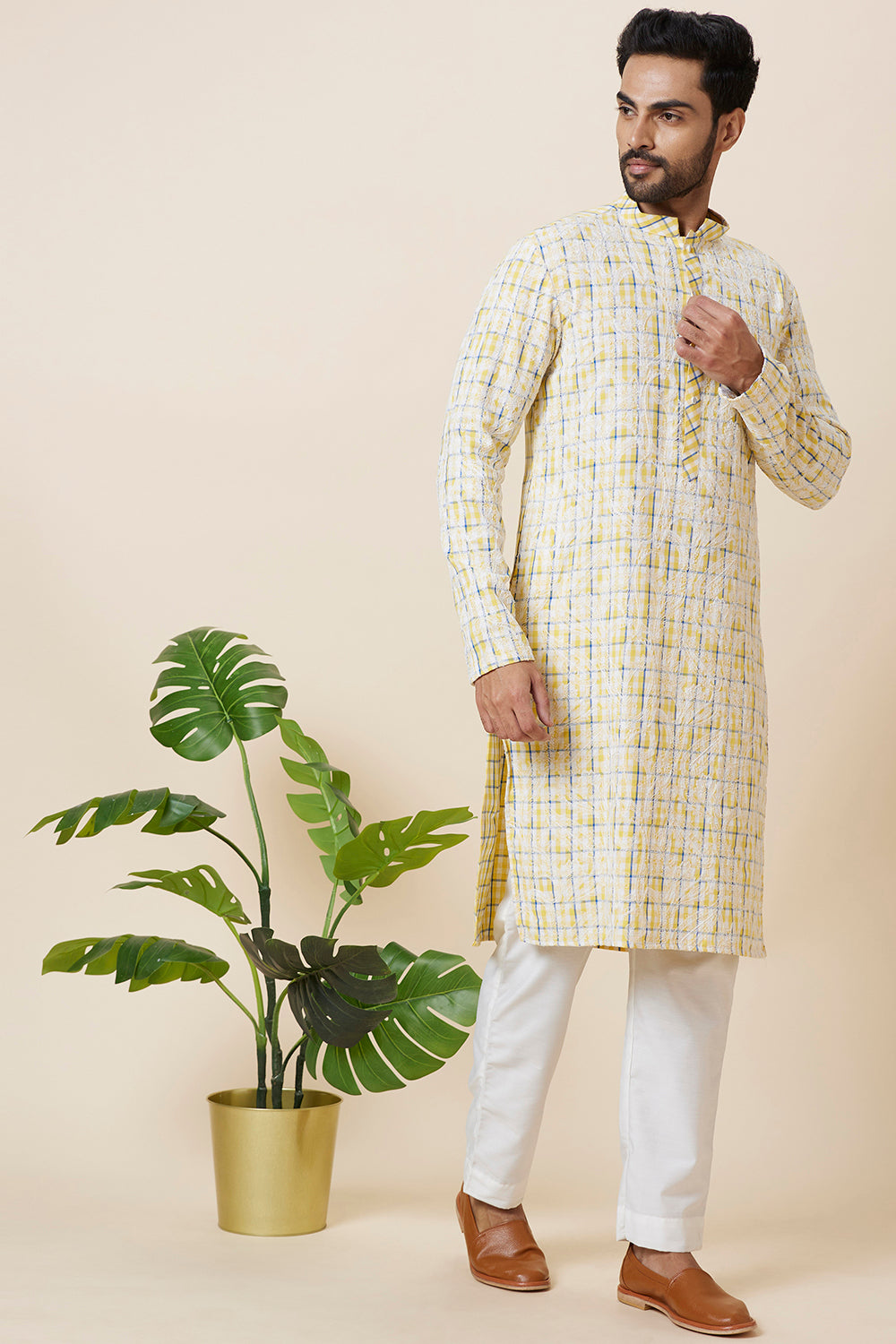 KURTA LINEN YELLOW CHECKS FLORAL EMBROIDERY