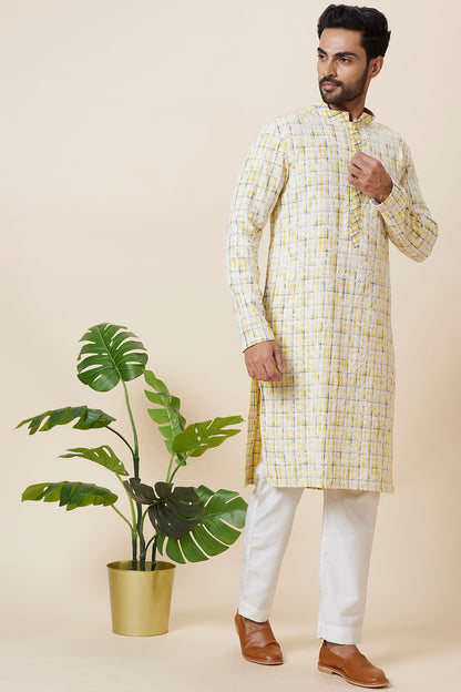 KURTA LINEN YELLOW CHECKS FLORAL EMBROIDERY
