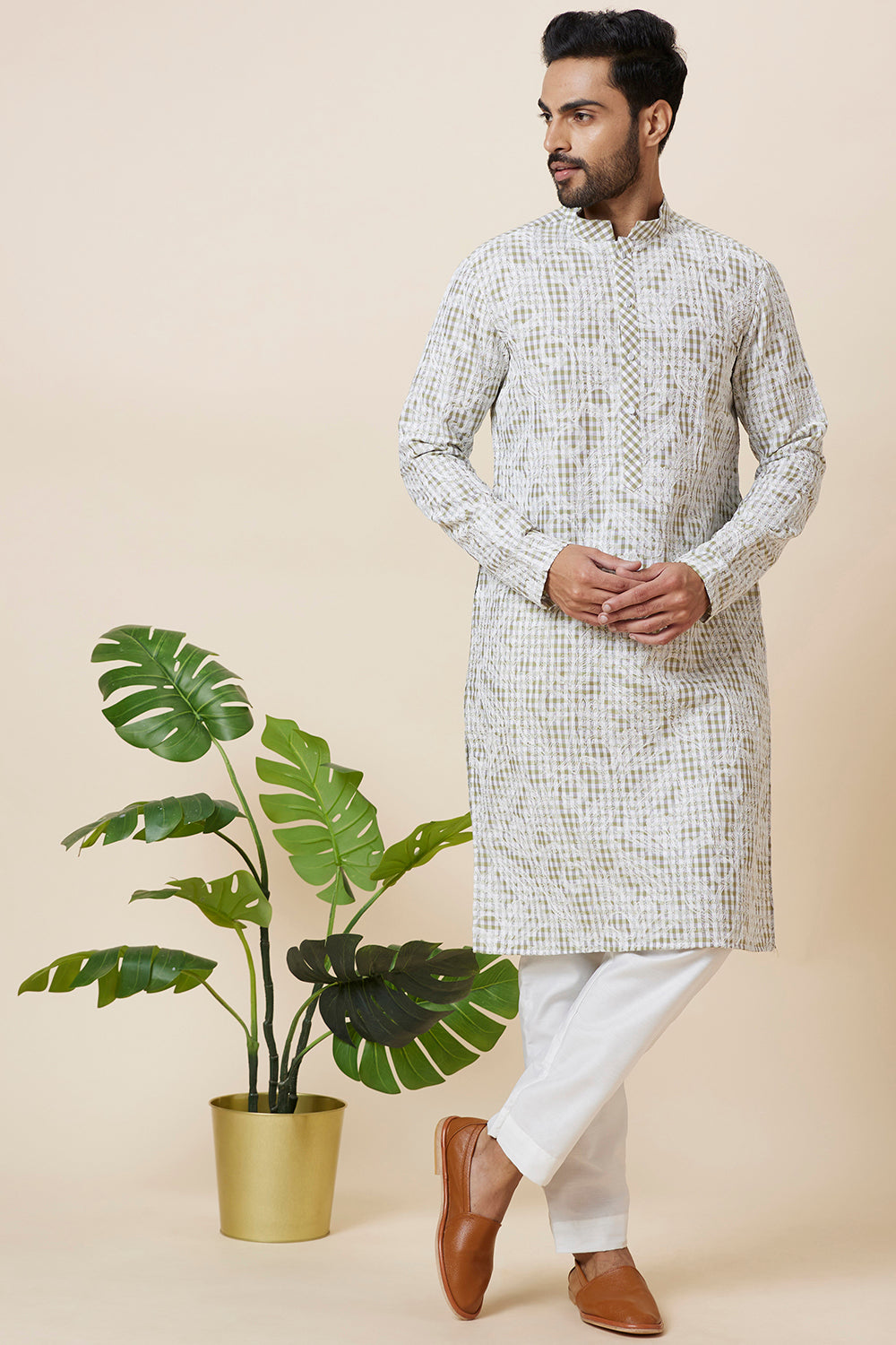 KURTA LINEN GREEN SMALL CHECKS FLORAL EMBROIDERY