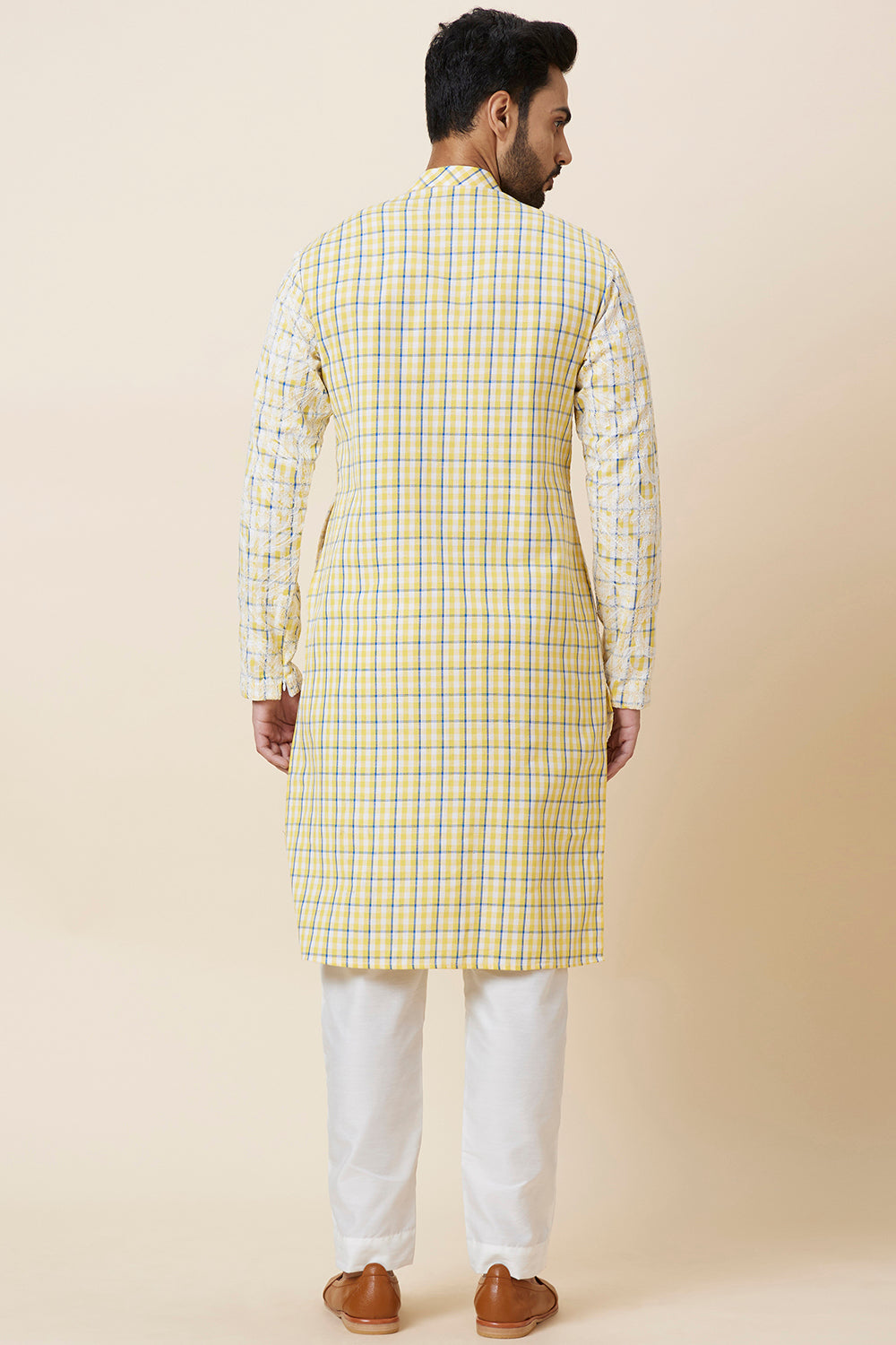 KURTA LINEN YELLOW CHECKS FLORAL EMBROIDERY
