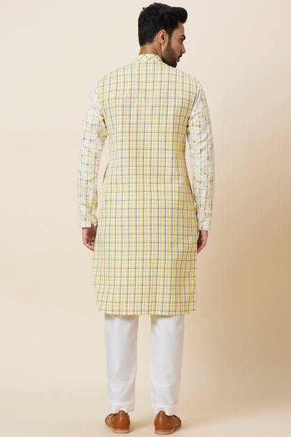 KURTA LINEN YELLOW CHECKS FLORAL EMBROIDERY