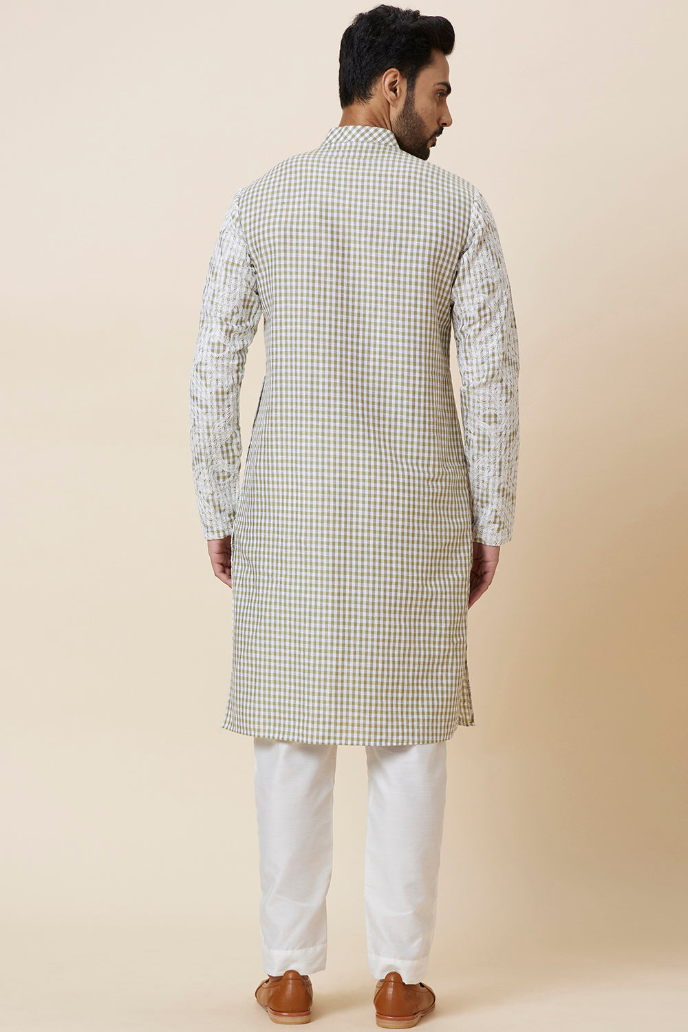 KURTA LINEN GREEN SMALL CHECKS FLORAL EMBROIDERY