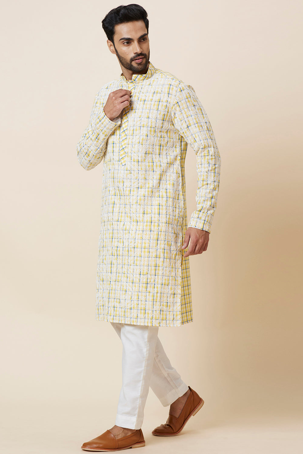 KURTA LINEN YELLOW CHECKS FLORAL EMBROIDERY