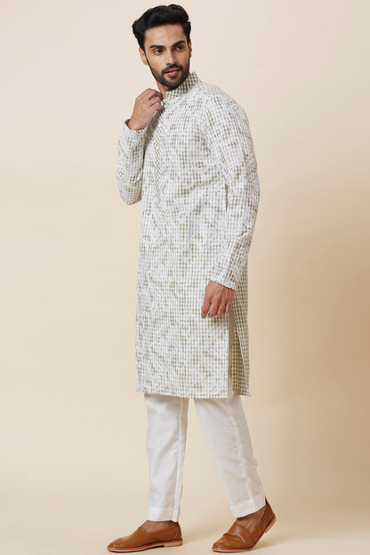 KURTA LINEN GREEN SMALL CHECKS FLORAL EMBROIDERY