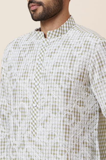 KURTA LINEN GREEN SMALL CHECKS FLORAL EMBROIDERY