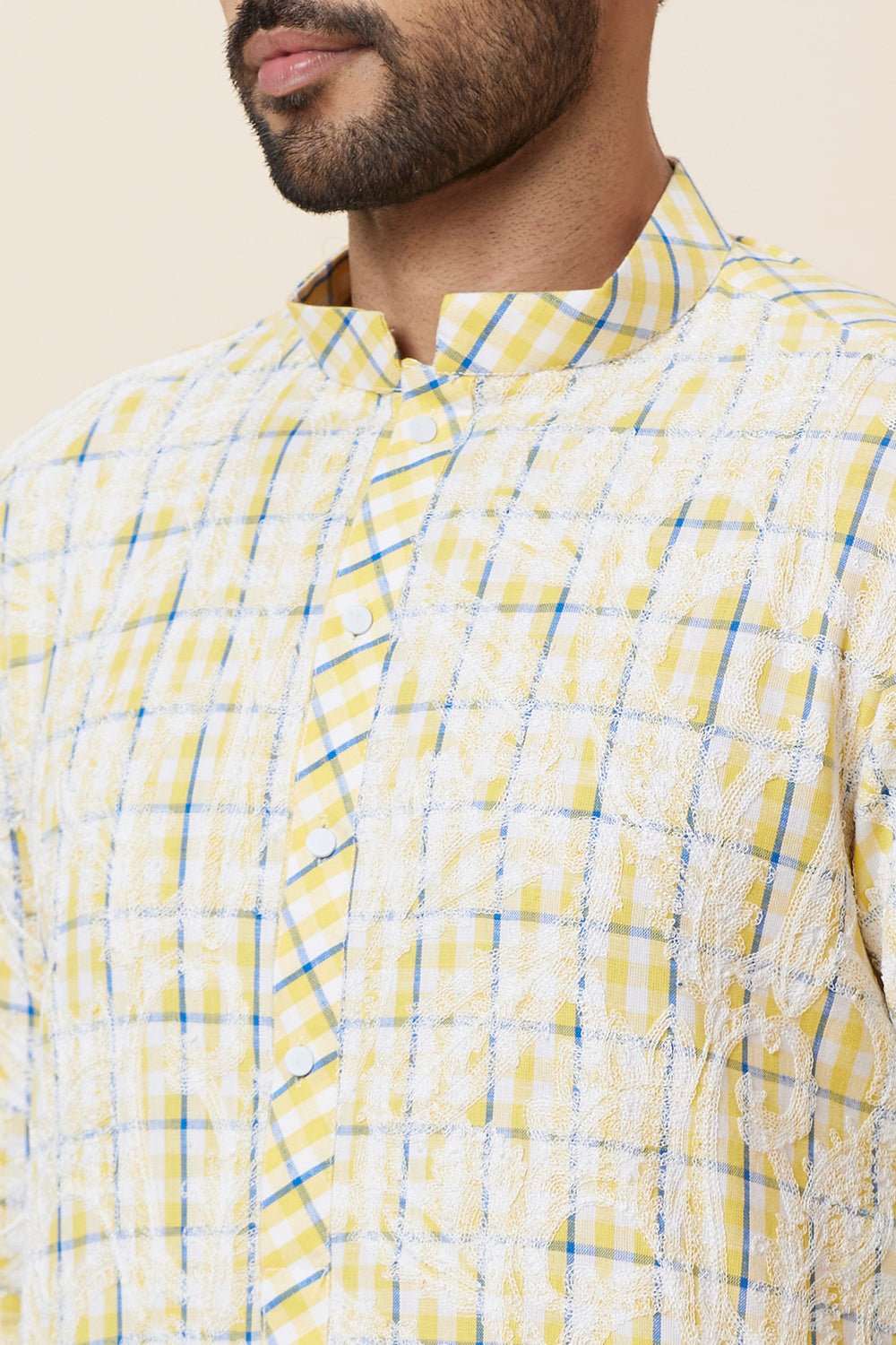 KURTA LINEN YELLOW CHECKS FLORAL EMBROIDERY