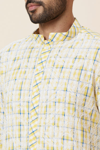 KURTA LINEN YELLOW CHECKS FLORAL EMBROIDERY