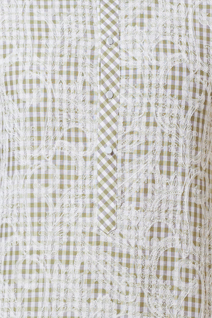 KURTA LINEN GREEN SMALL CHECKS FLORAL EMBROIDERY