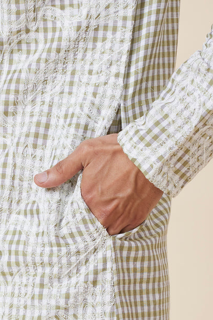 KURTA LINEN GREEN SMALL CHECKS FLORAL EMBROIDERY