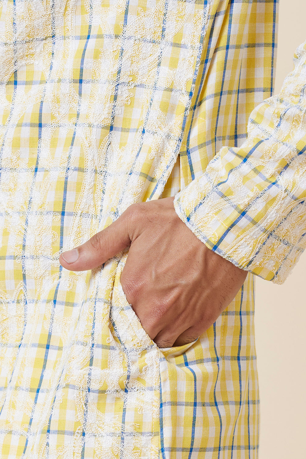 KURTA LINEN YELLOW CHECKS FLORAL EMBROIDERY